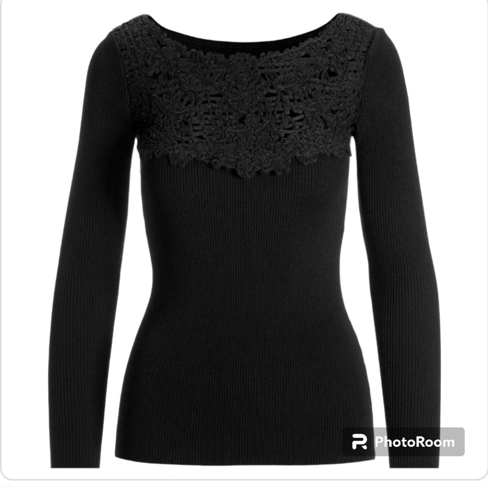 Boston Proper Black Ribbed Knit Sweater Crochet Lace Neckline Sz M - Picture 3 of 13